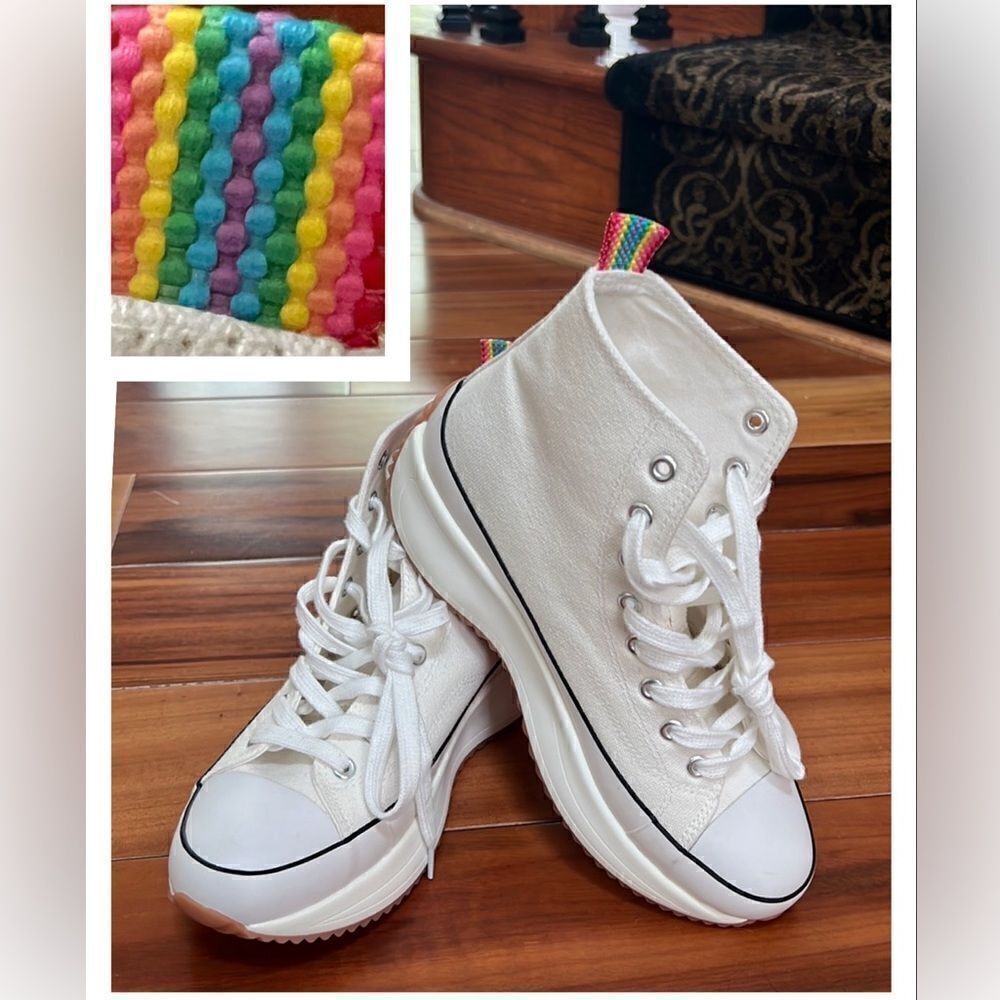 Madden Girl NWOT platform sneakers. White w blue trim and rainbow tag.Size 8